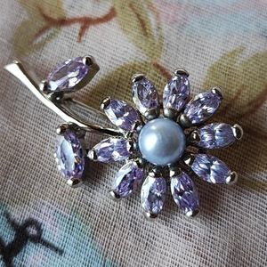 Amethyst Cubic Zirconia Lavender Purple Faux Light Blue Pearl Pin Brooch NEW